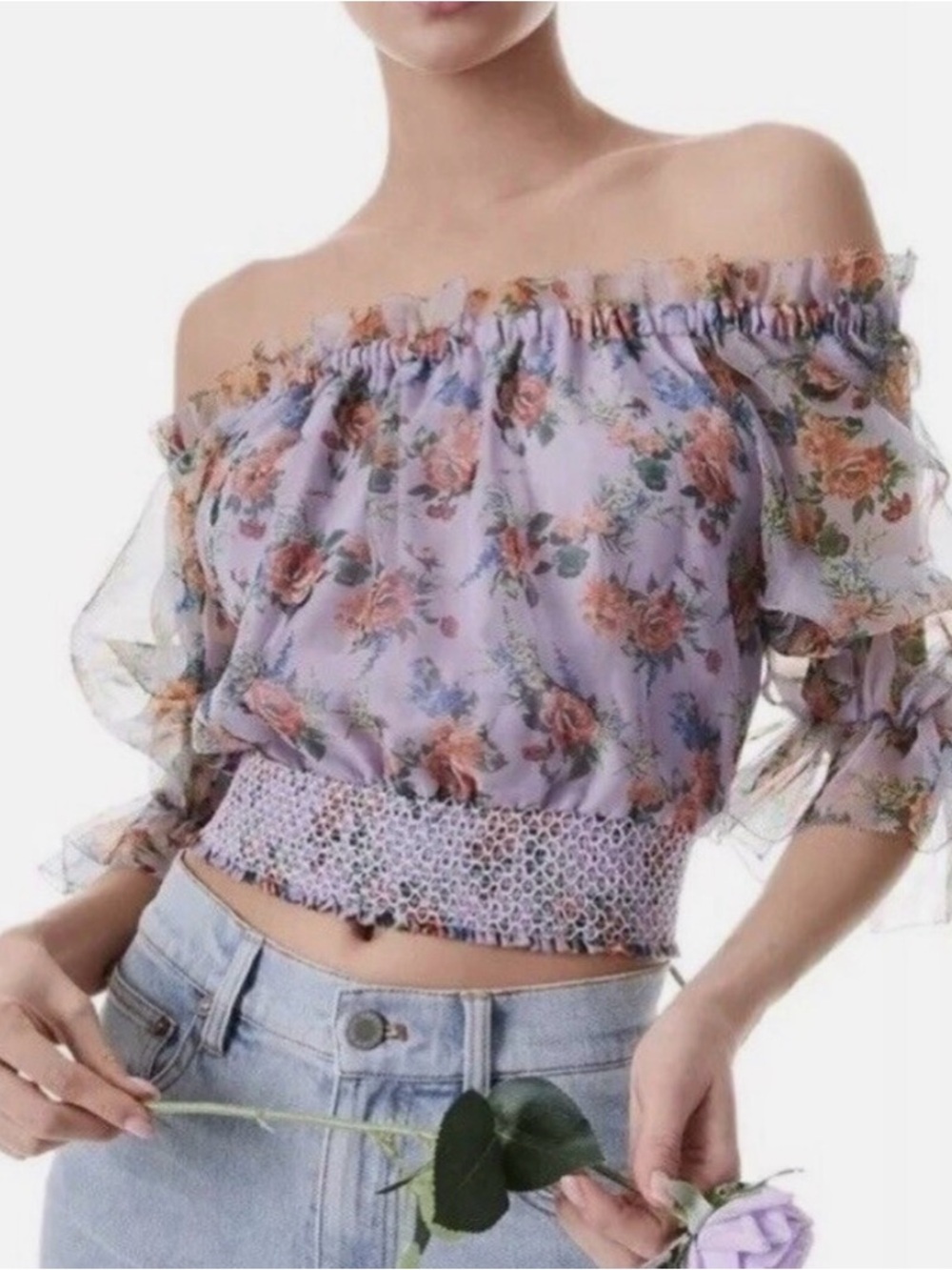 NWT Alice + Olivia Caprina off-the-shoulder lavender floral silk crop top Large
